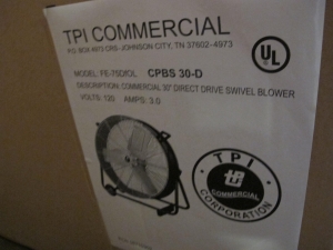 TPI COMMERCIAL FAN BLOWER, 30" MODEL # FE-75DFOL --OR-- CPBS-30-D. LOADING & HANDLING FEE $15-4047